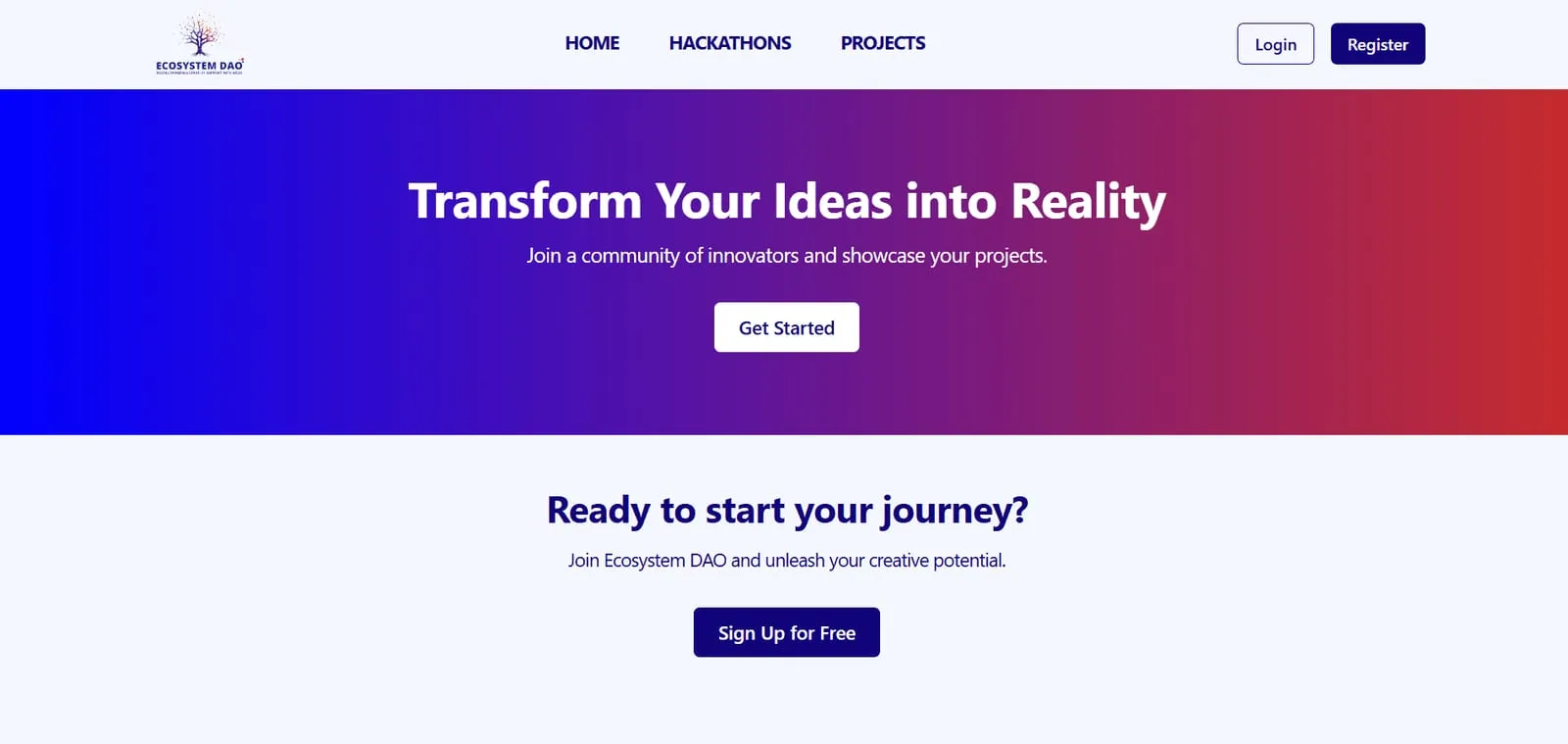 Ecosystem DAO landing page — Transform Your Ideas into Reality
